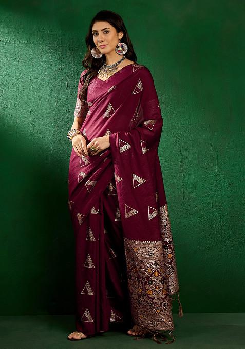 Maroon Sequin Work Silk Blend Saree Set