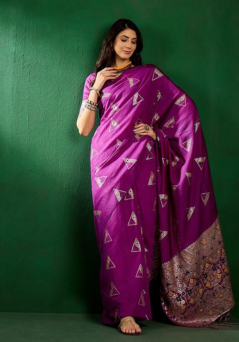 Purple Sequin Work Silk Blend Saree Set