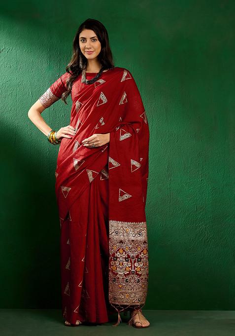 Red Sequin Work Silk Blend Saree Set