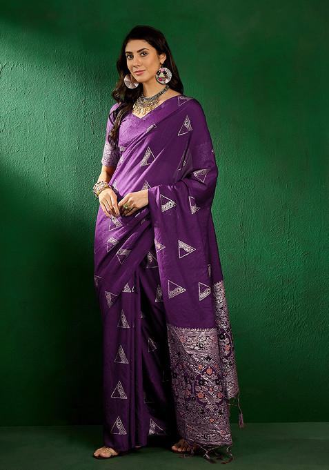 Wine Sequin Work Silk Blend Saree Set