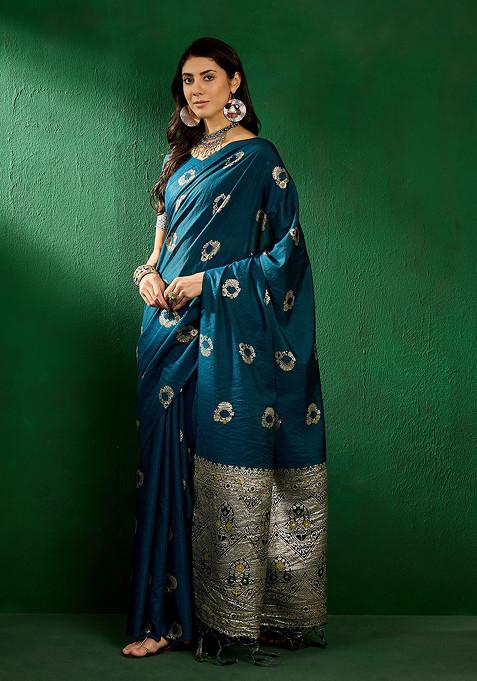 Teal Sequin Work Silk Blend Saree Set