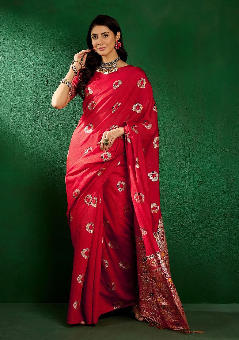 Red Sequin Work Silk Blend Saree Set