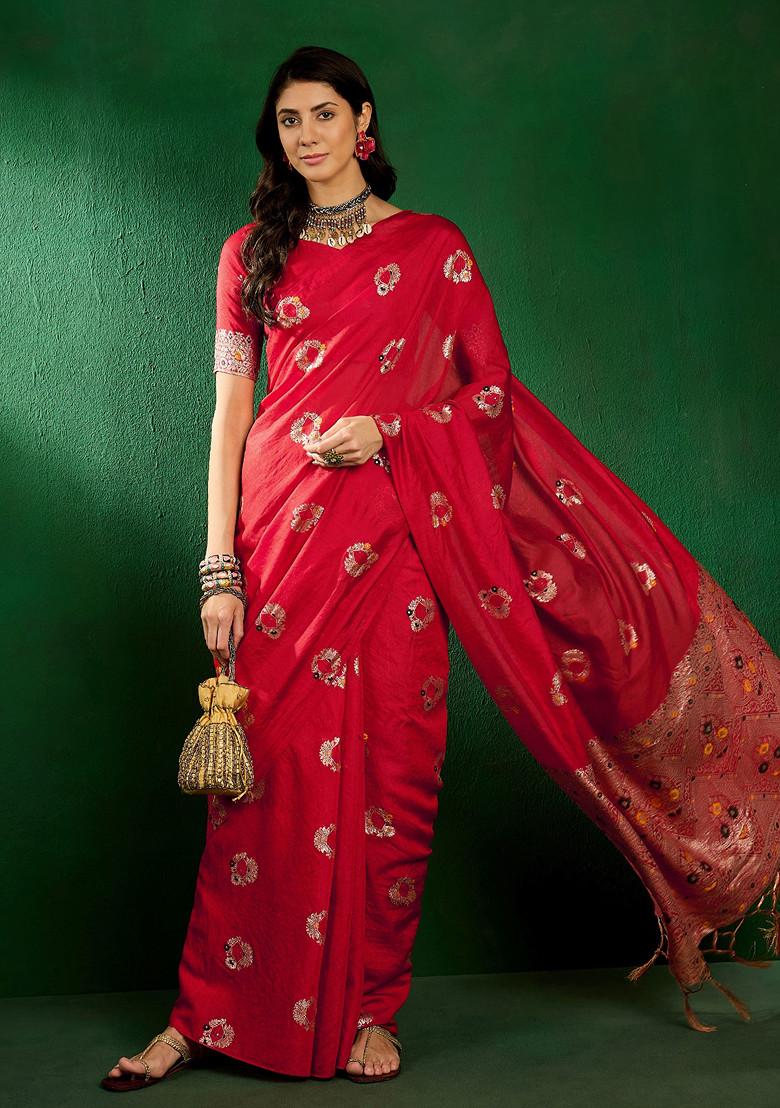 Red Sequin Work Silk Blend Saree Set