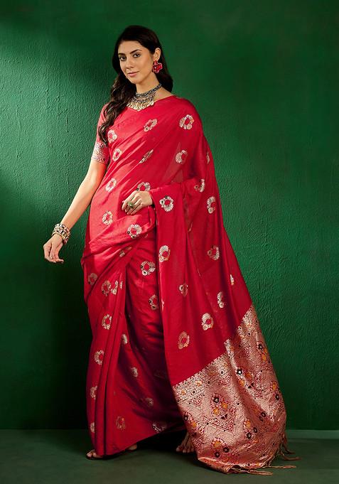 Red Sequin Work Silk Blend Saree Set