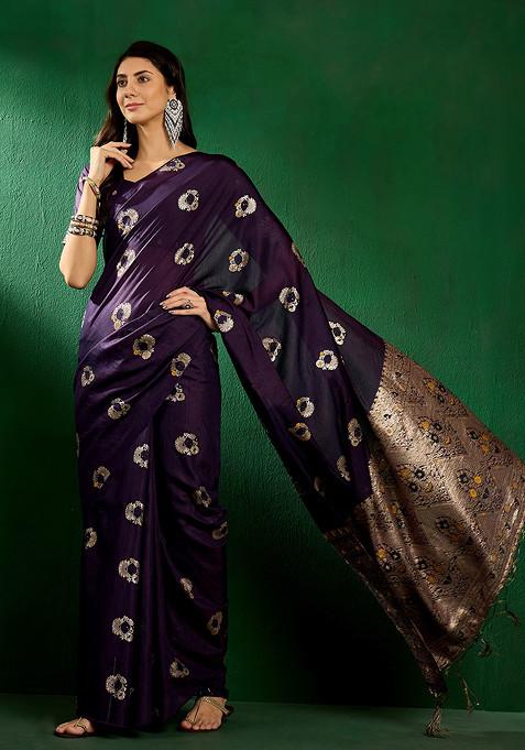 Navy Blue Sequin Work Silk Blend Saree Set