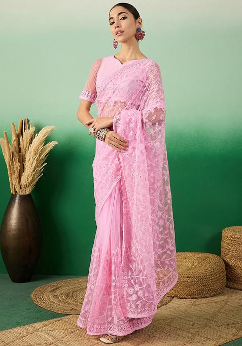 Baby Pink Woven Jaal Work Net Saree Set