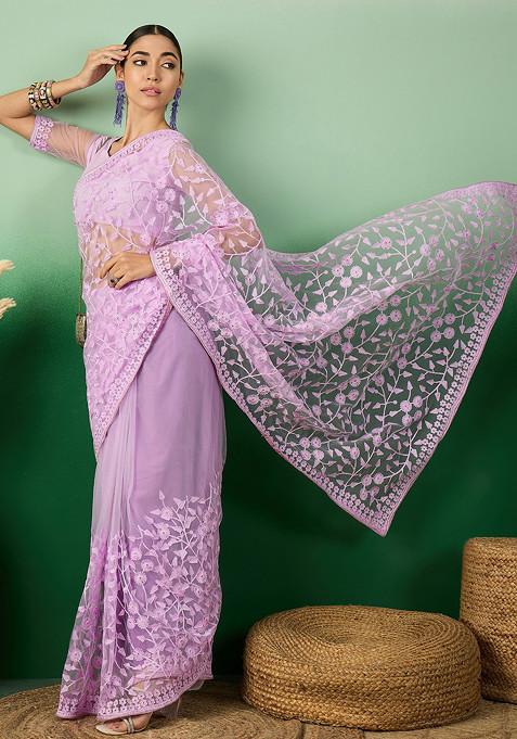 Lavender Woven Jaal Work Net Saree Set