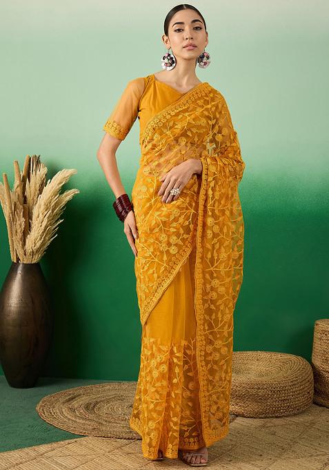 Mustard Woven Jaal Work Net Saree Set