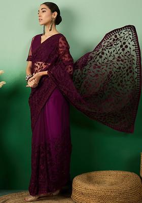 Wine Woven Jaal Work Net Saree Set