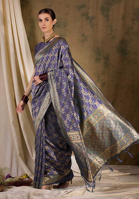 Lavender Woven Tassels Work Banarasi Silk Saree Set