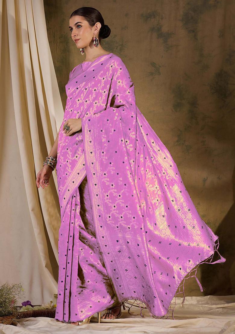 Baby Pink Woven Tassels Work Banarasi Silk Saree Set - Indya