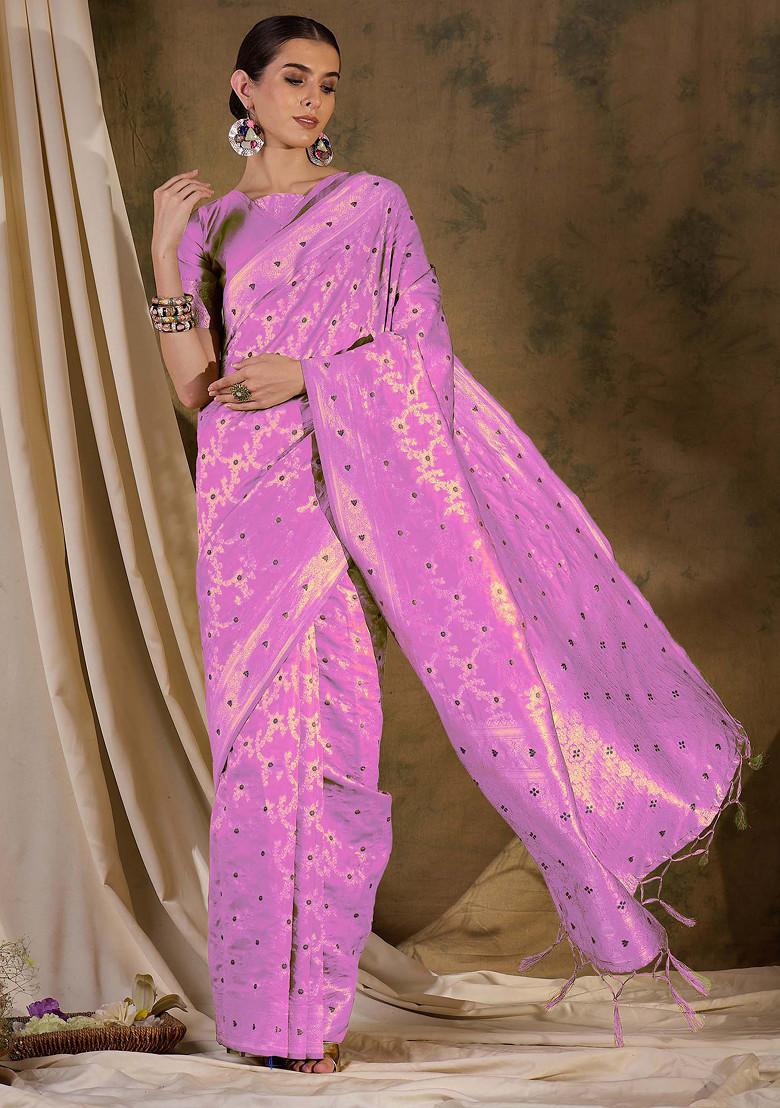 Baby Pink Woven Tassels Work Banarasi Silk Saree Set - Indya