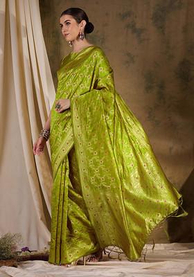 Pista Green Woven Tassels Work Banarasi Silk Saree Set