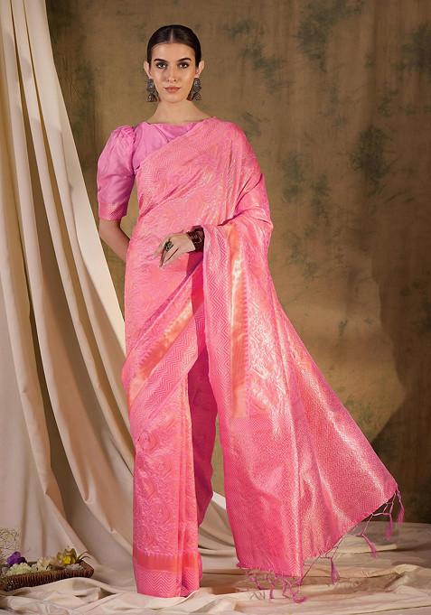 Baby Pink Heavy Woven Tassels Work Banarasi Silk Saree Set