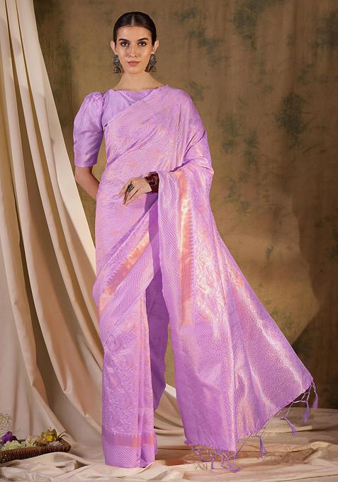 Lavender Heavy Woven Tassels Work Banarasi Silk Saree Set