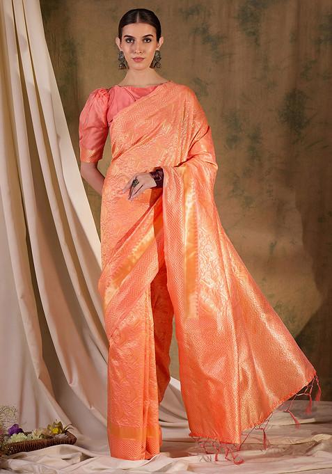 Peach Heavy Woven Tassels Work Banarasi Silk Saree Set