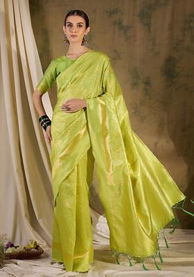Pista Green Heavy Woven Tassels Work Banarasi Silk Saree Set