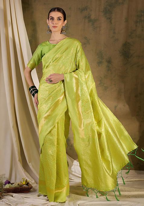 Pista Green Heavy Woven Tassels Work Banarasi Silk Saree Set