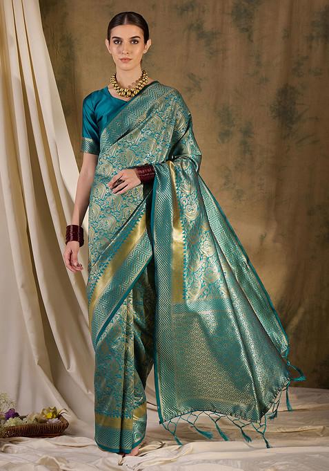 Teal Heavy Woven Tassels Work Banarasi Silk Saree Set