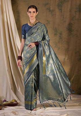 Grey Woven Floral Tassels Work Banarasi Silk Saree Set