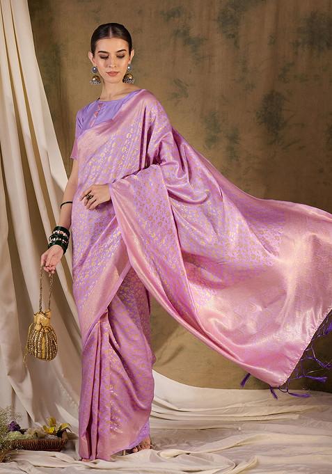 Pink Woven Floral Tassels Work Banarasi Silk Saree Set