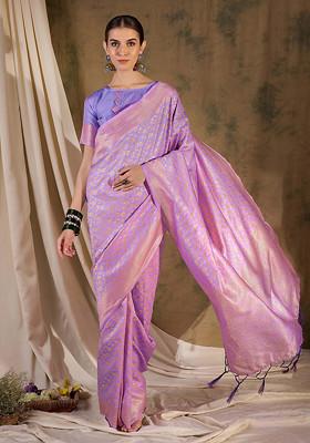 Violet Woven Floral Tassels Work Banarasi Silk Saree Set