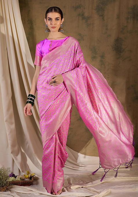 Baby Pink Woven Floral Tassels Work Banarasi Silk Saree Set