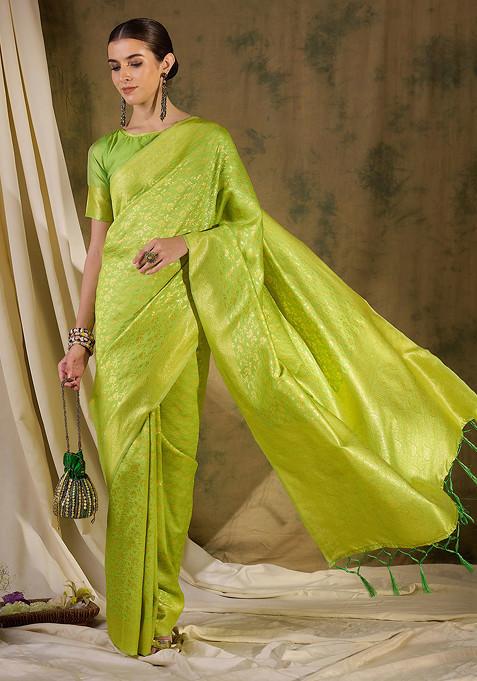 Pista Green Woven Floral Tassels Work Banarasi Silk Saree Set