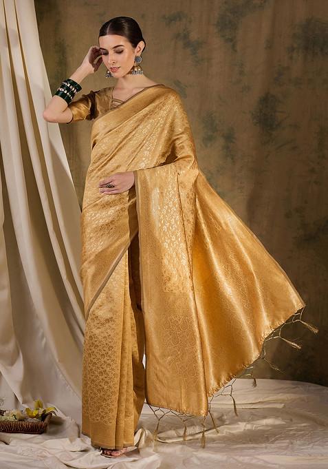 Cream Woven Floral Tassels Work Banarasi Silk Saree Set