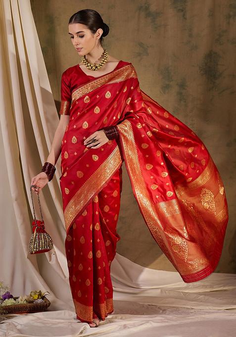 Red Woven Work Banarasi Silk Saree Set