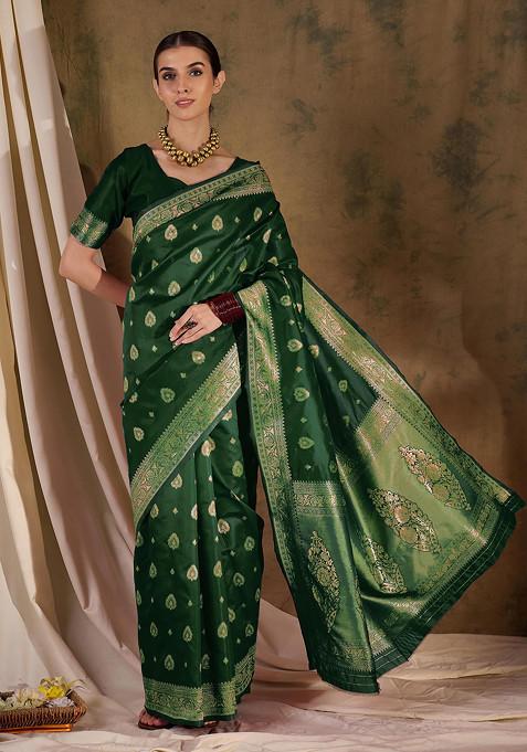 Green Woven Work Banarasi Silk Saree Set