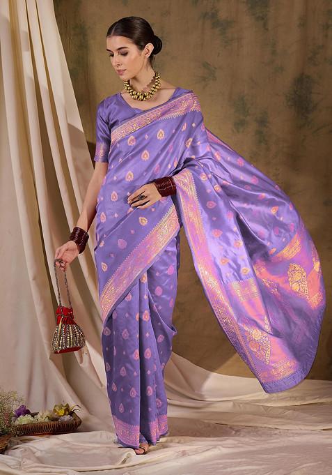 Purple Woven Work Banarasi Silk Saree Set