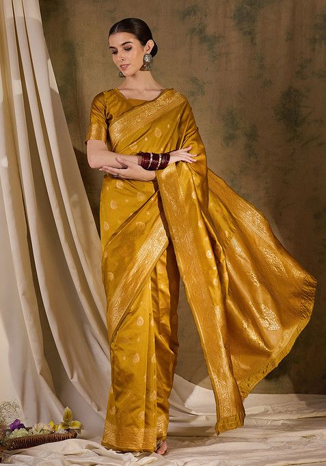 Mustard Woven Work Banarasi Silk Saree Set