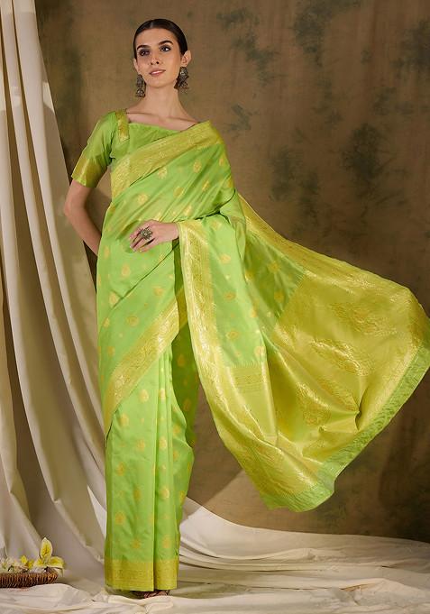 Pista Green Woven Work Banarasi Silk Saree Set