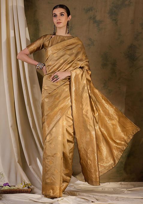 Beige Woven Work Banarasi Silk Saree Set