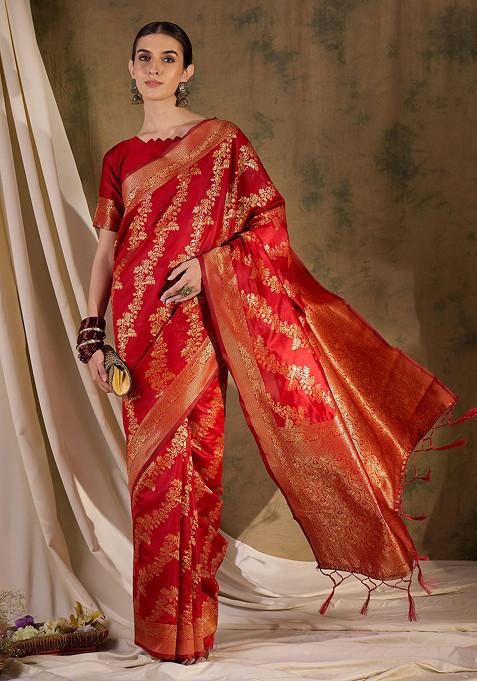 Red Woven Floral Jaal Work Banarasi Silk Saree Set