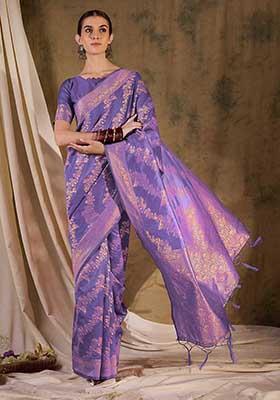 Lavender Woven Floral Jaal Work Banarasi Silk Saree Set