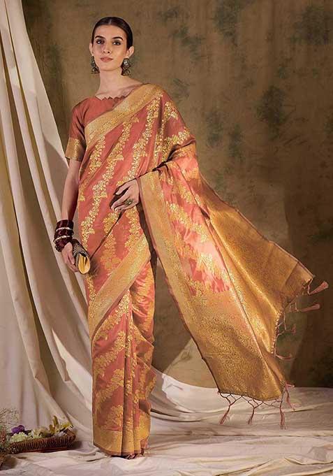 Peach Woven Floral Jaal Work Banarasi Silk Saree Set