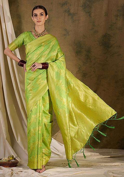 Pista Green Woven Floral Jaal Work Banarasi Silk Saree Set