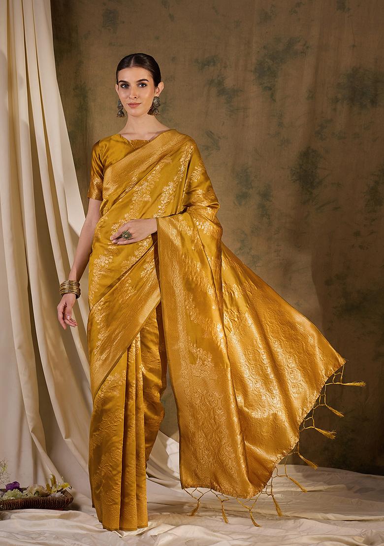 Mustard Woven Floral Jaal Work Banarasi Silk Saree Set