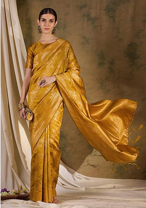 Mustard Woven Floral Jaal Work Banarasi Silk Saree Set