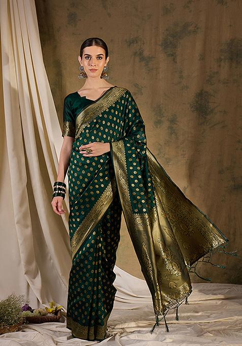 Green Woven Floral Boota Work Banarasi Silk Saree Set