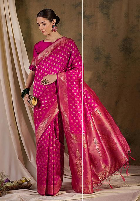 Pink Woven Floral Boota Work Banarasi Silk Saree Set