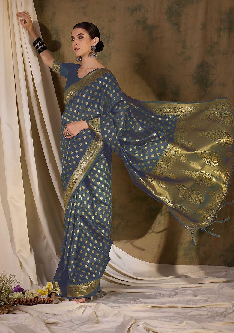 Grey Woven Floral Boota Work Banarasi Silk Saree Set