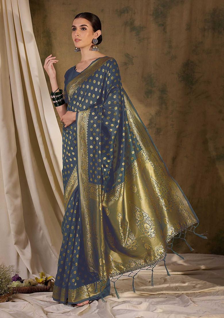 Grey Woven Floral Boota Work Banarasi Silk Saree Set