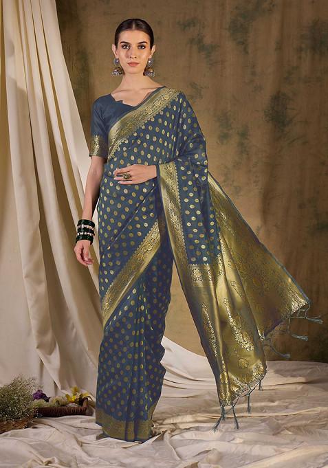 Grey Woven Floral Boota Work Banarasi Silk Saree Set