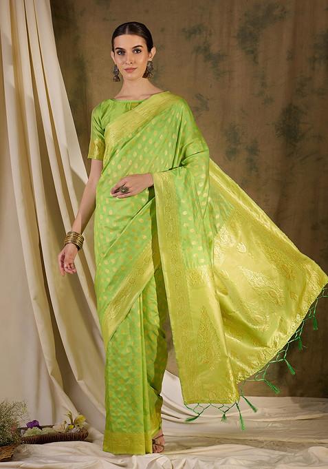 Green Woven Floral Boota Work Banarasi Silk Saree Set