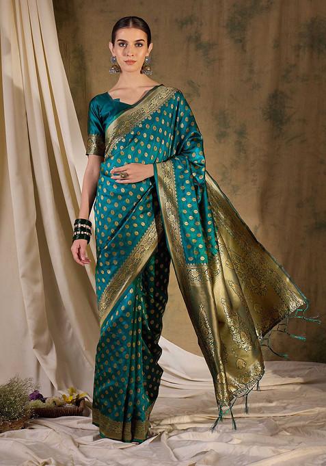 Teal Woven Floral Boota Work Banarasi Silk Saree Set