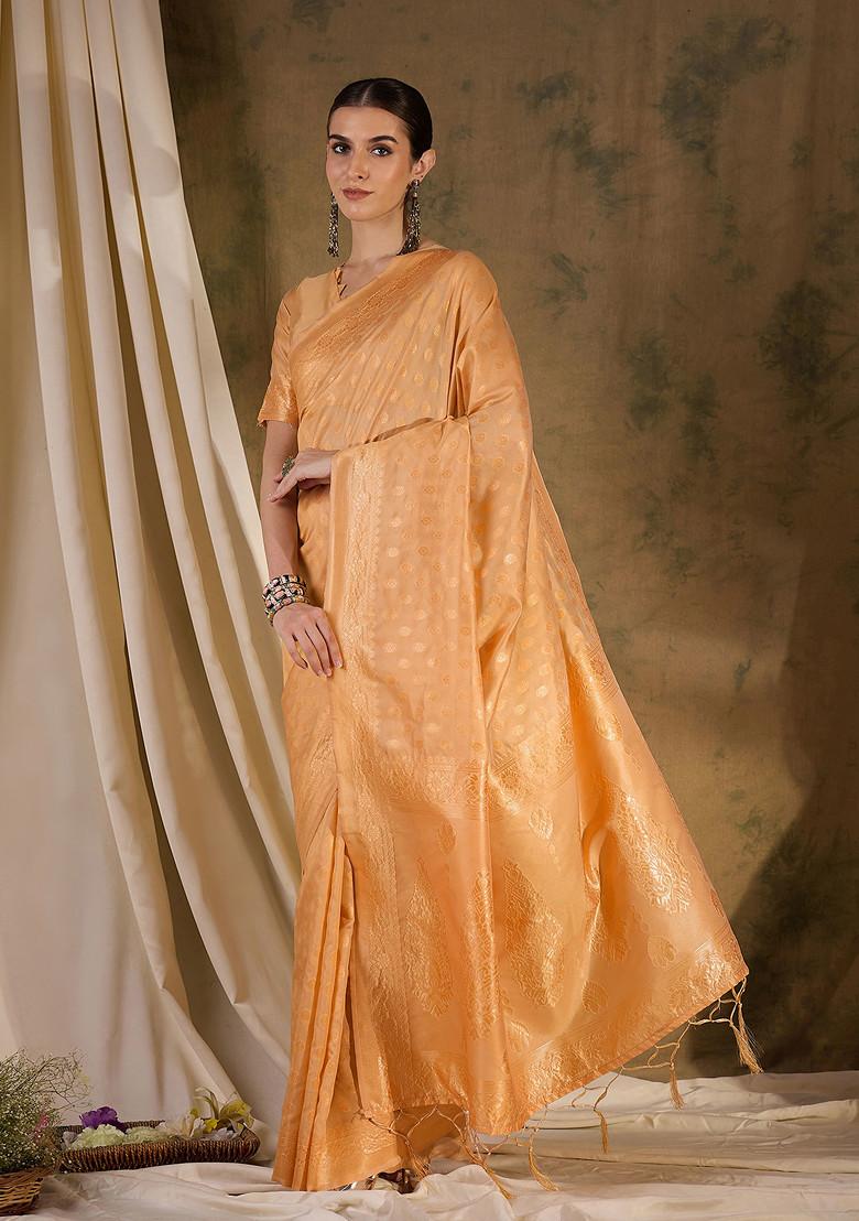 Cream Woven Floral Boota Work Banarasi Silk Saree Set