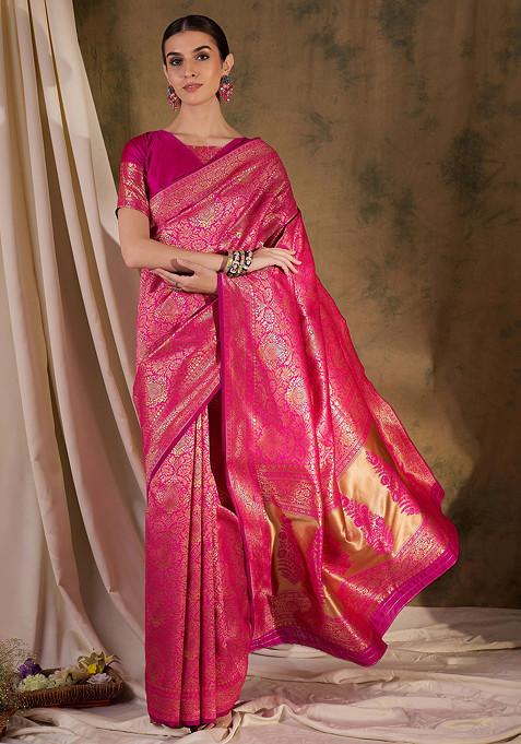 Pink Woven Boota Jaal Work Banarasi Silk Saree Set